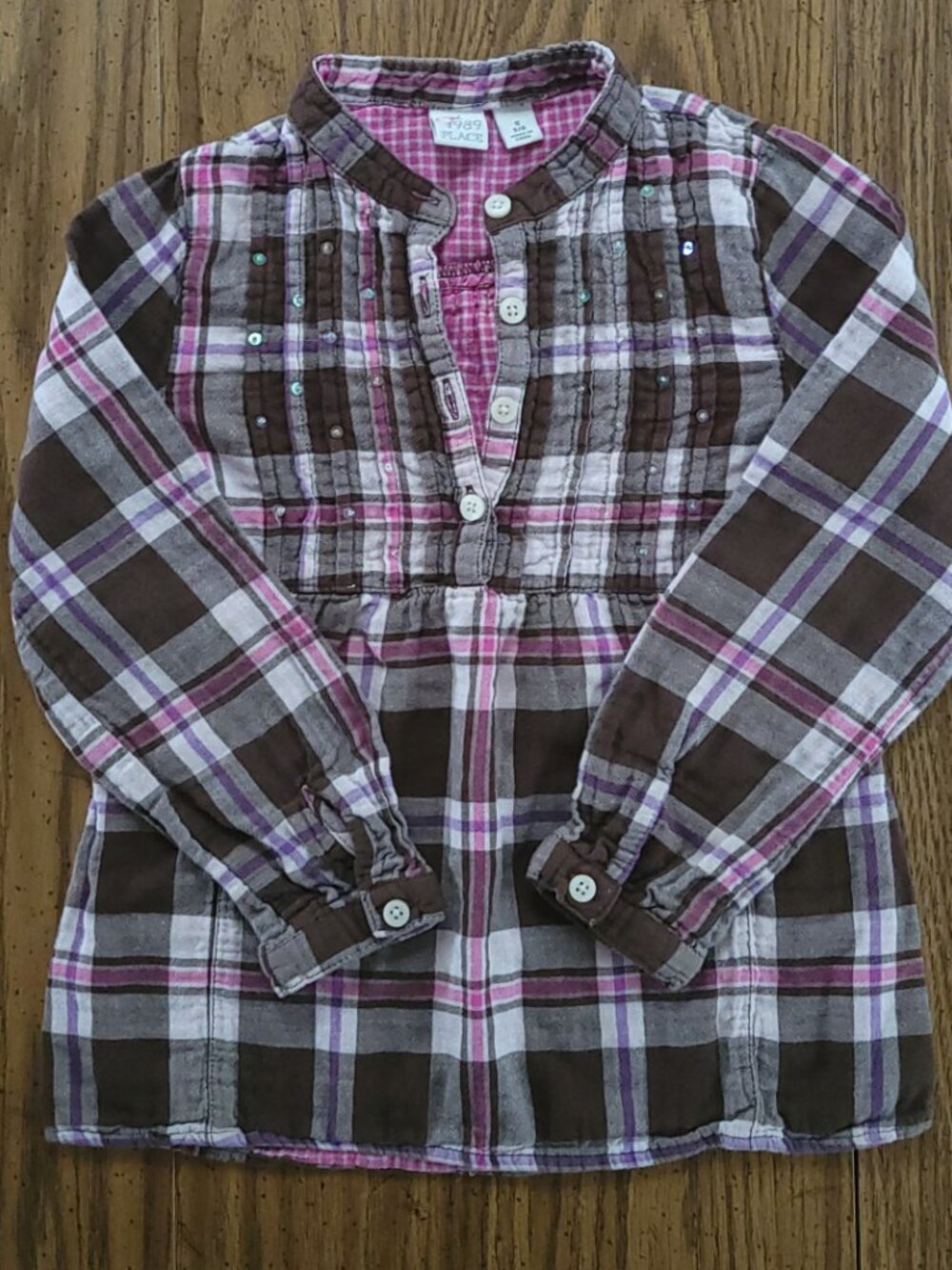 The Children's Place Girls 5/6 Brown Pink Plaid Button Front Tunic Shirt